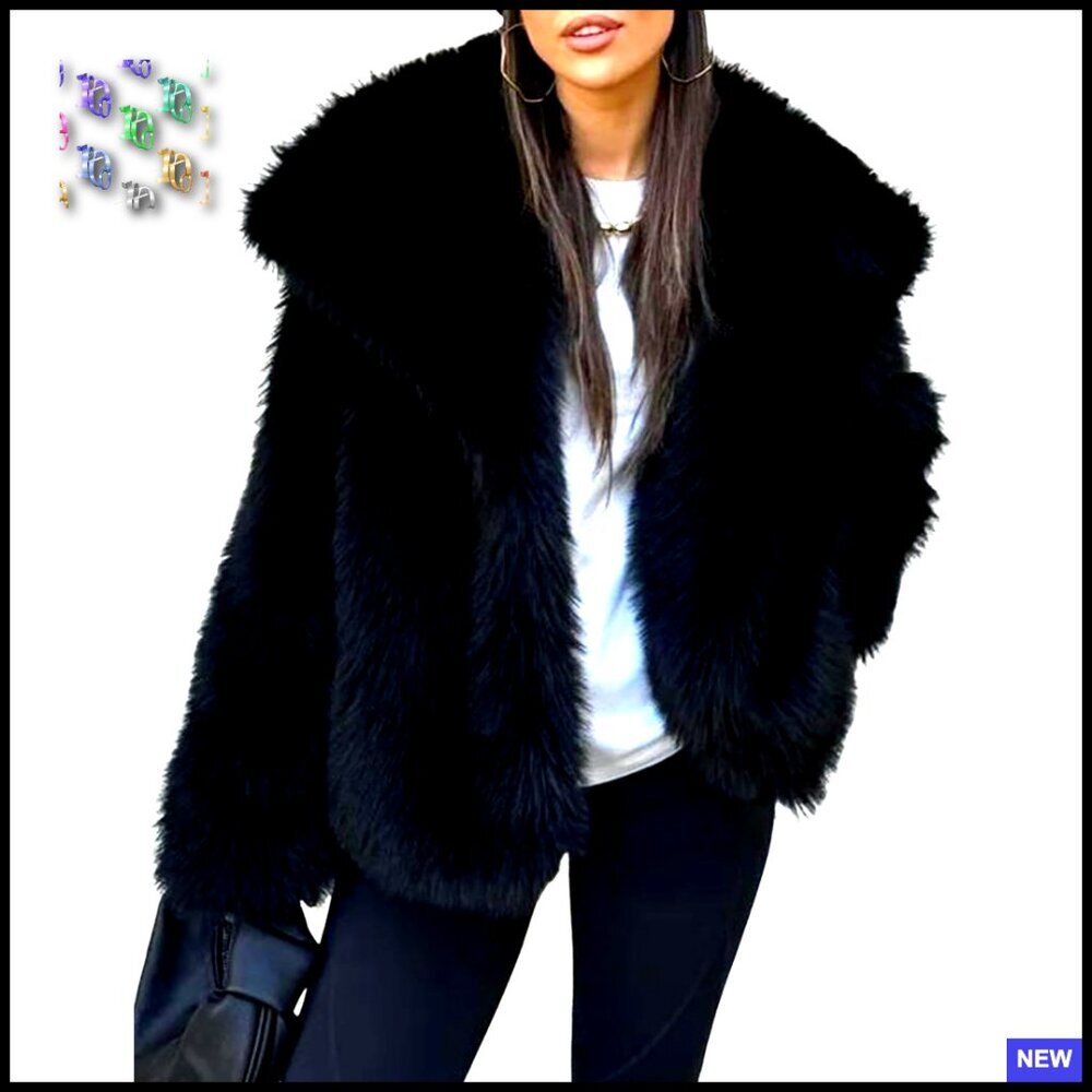 Faux Fur Coat Lapel Open Front Fluffy Shaggy Jacket Winter Warm Furry Overcoat